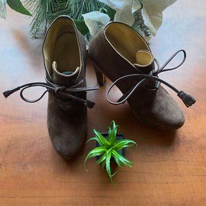 Women Suede Leather Lace Up Ankle High Heel Boots